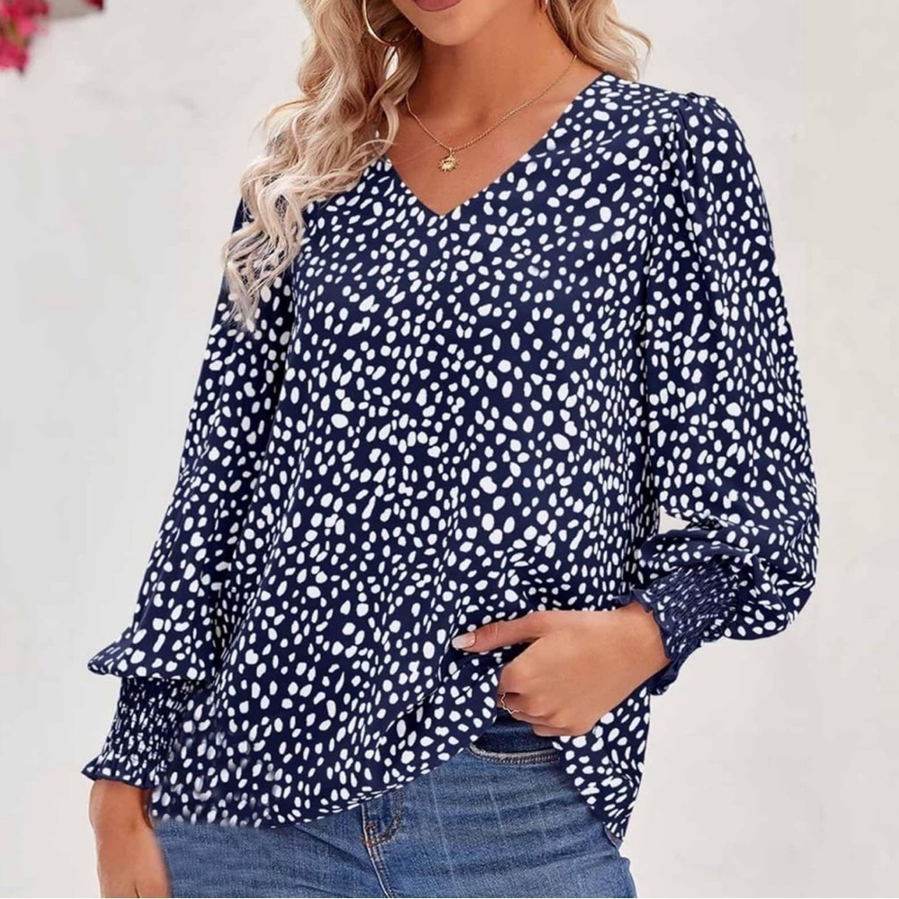 NEW Navy Blue and Cream Speckled V Neck Blouse with Long Lantern Sleeves